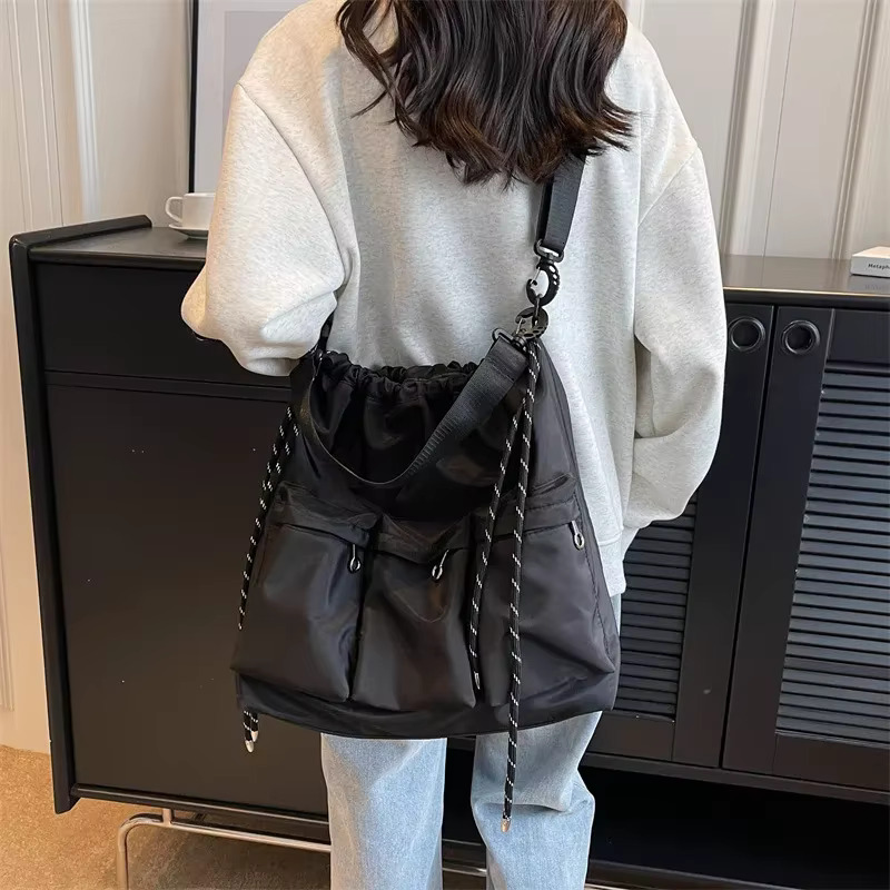 Large Black Nylon Unisex Crossbody Bag Multi-Pocket Totes String Design Travel Shoulder Bags For Women Fashion Handbags Purses