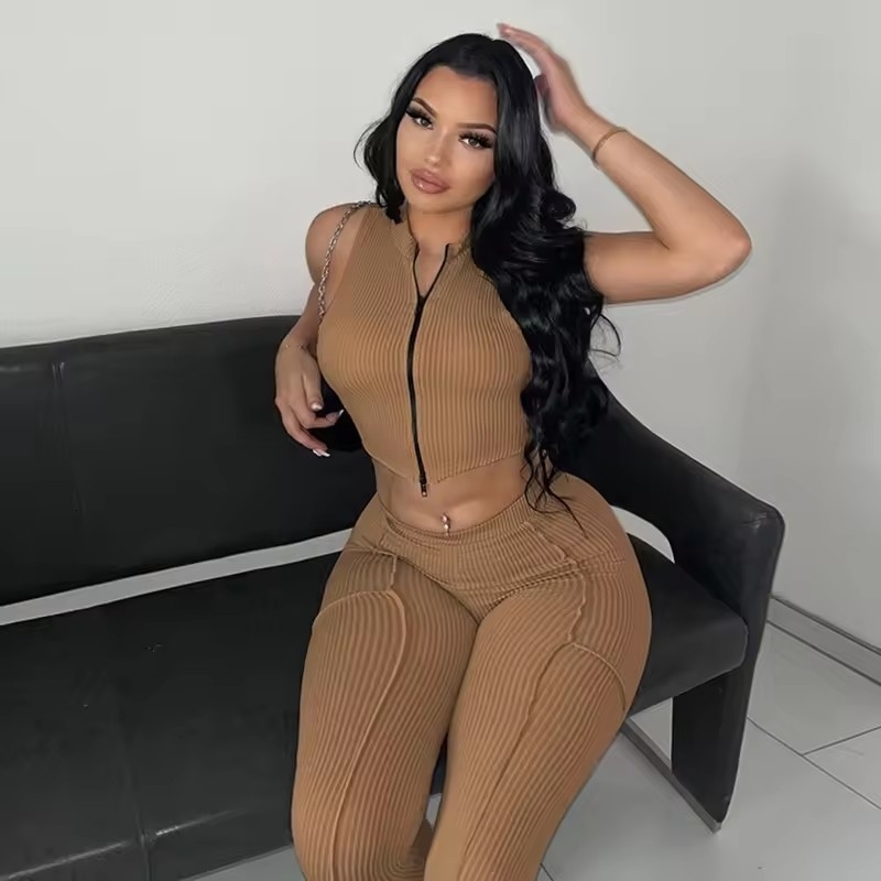 2025 Spring Womens Fashion Sexy Sleeveless Zipper Open Umbilical Top High Waist Tight Two Piece Set Casual Pants Set