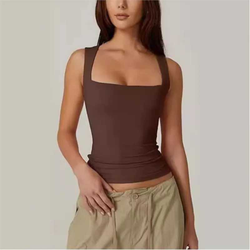 2024 Seaside Vacation Summer New Solid Color Womens Square Neck Sveless Double Layer Tank Top Basic Tight T-shirt for WomenXJ250212