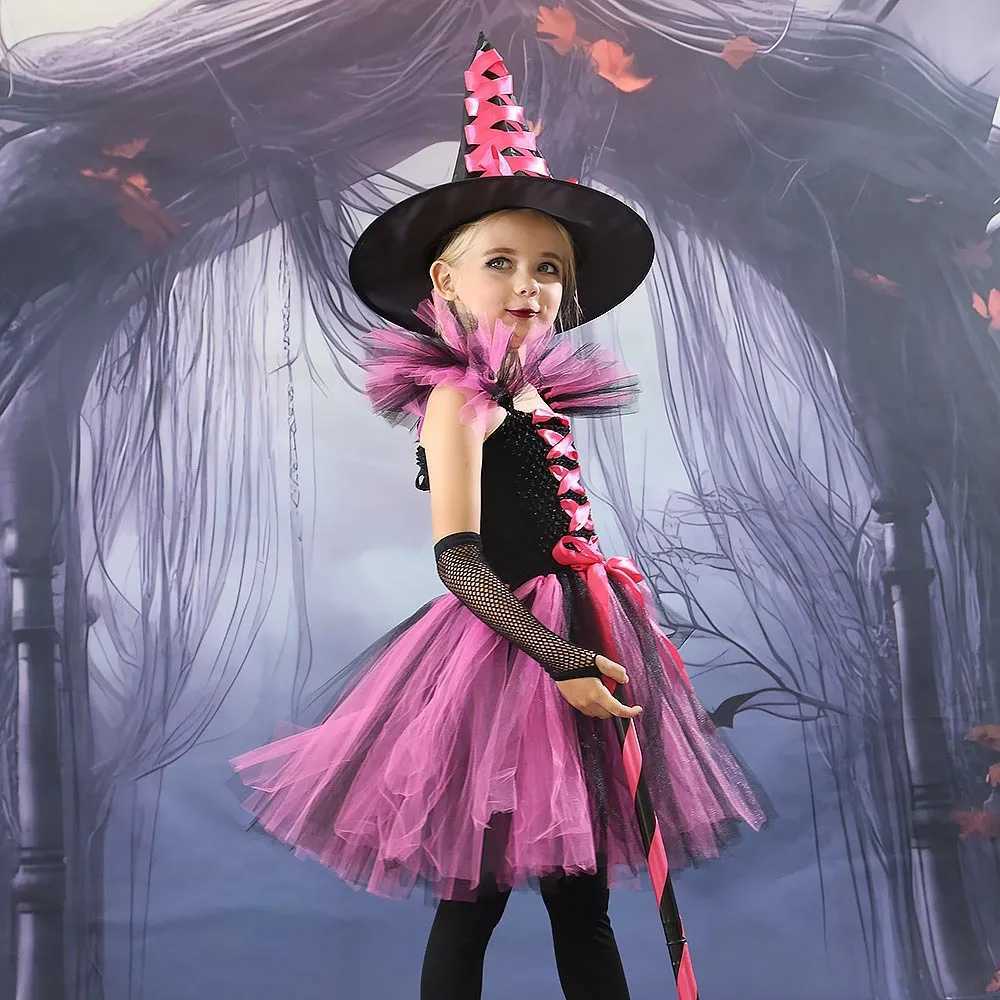 Purple Witch Costume Girls Mesh Trailing Dress Maleficent Deluxe Girls Fancy Halloween Par Kids Cosplay Clothes 2-12YrsXJ250117
