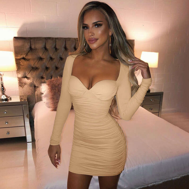 European and American women's spring deep V strapless long sleeved slim pleated fashionable dress manufacturer wholesale 2025 new style temperame
