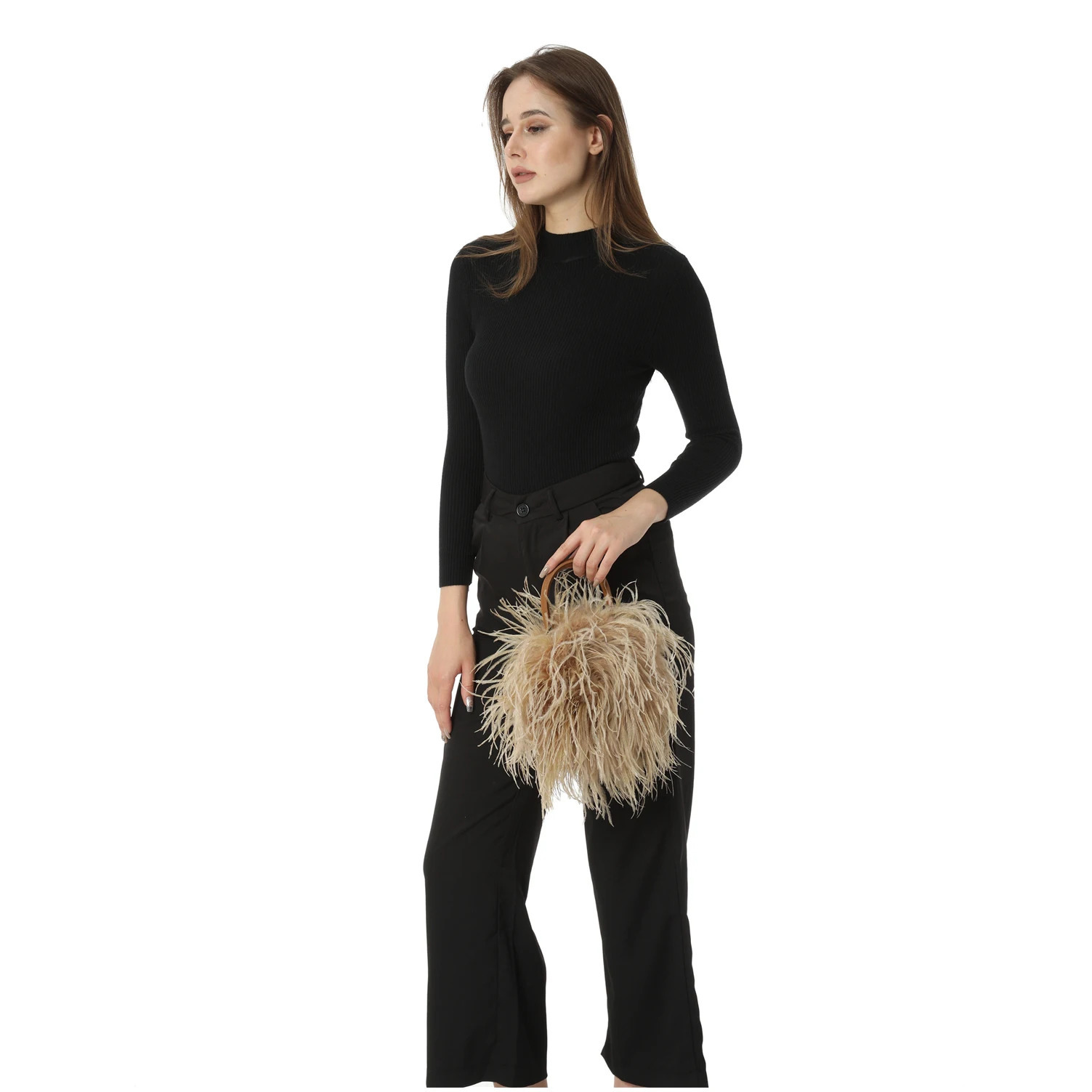 Real Natural Ostrich Feather Mini Handbag Furry Fluffy Women Change Purse For party Leather handle clutch bag Peach Fuzz 250210