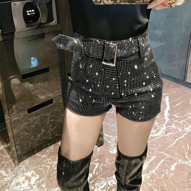 Shorts Women Wide Leg Shorts High Waist Sexy Fashion Elastic Waist Diamond Casual Pants Female Belt Shorts Jeans Q780 250212