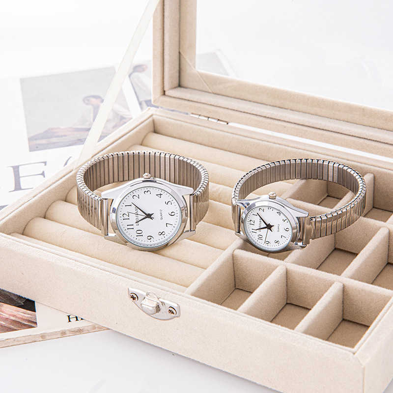 Middle aged and elderly watches mens large digital dial womens watch steel band spring elastic band elderly watch waterproof quartz watch for daily li