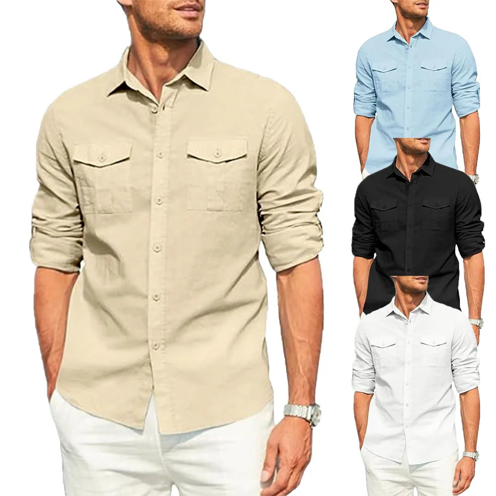 Mens Shirt Double Pocket Cotton Linen Long Sleeve Shirt Casual Holiday Shirt Simple Lapel Solid Cargo Shirts Tops Blouses 250211