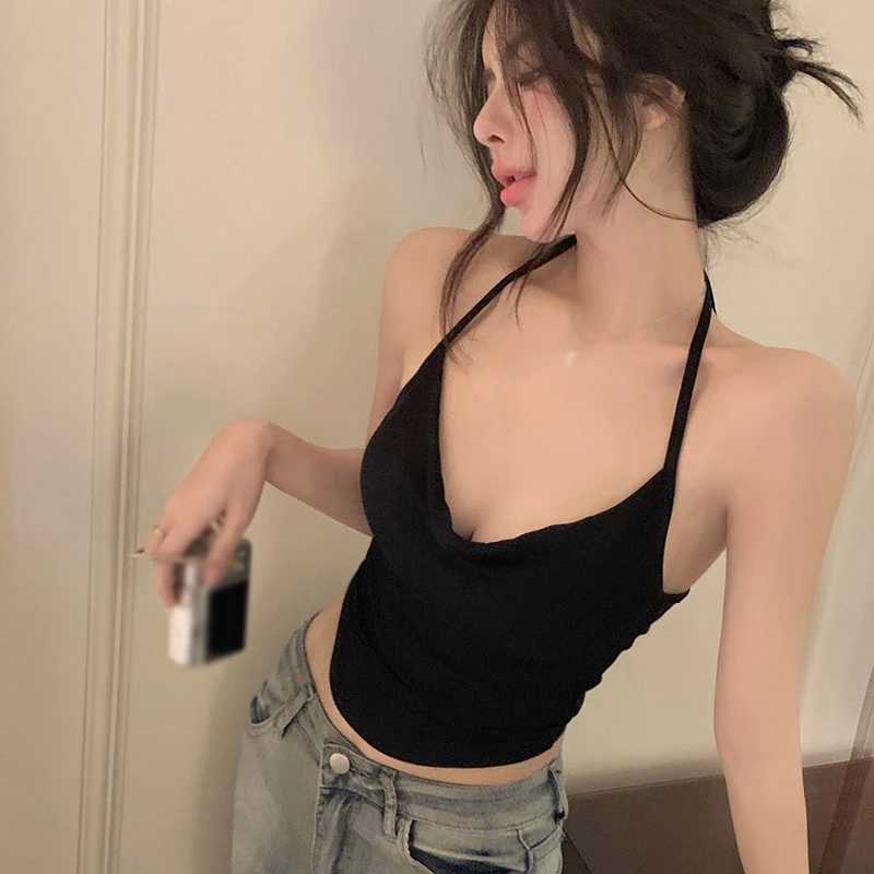 Swing Neck Halterneck Camisole Hottie Street Wear Slim Fitting Sexy Crop Top Backless Tank Top Solid Color Thin Blouse SummerXJ250212