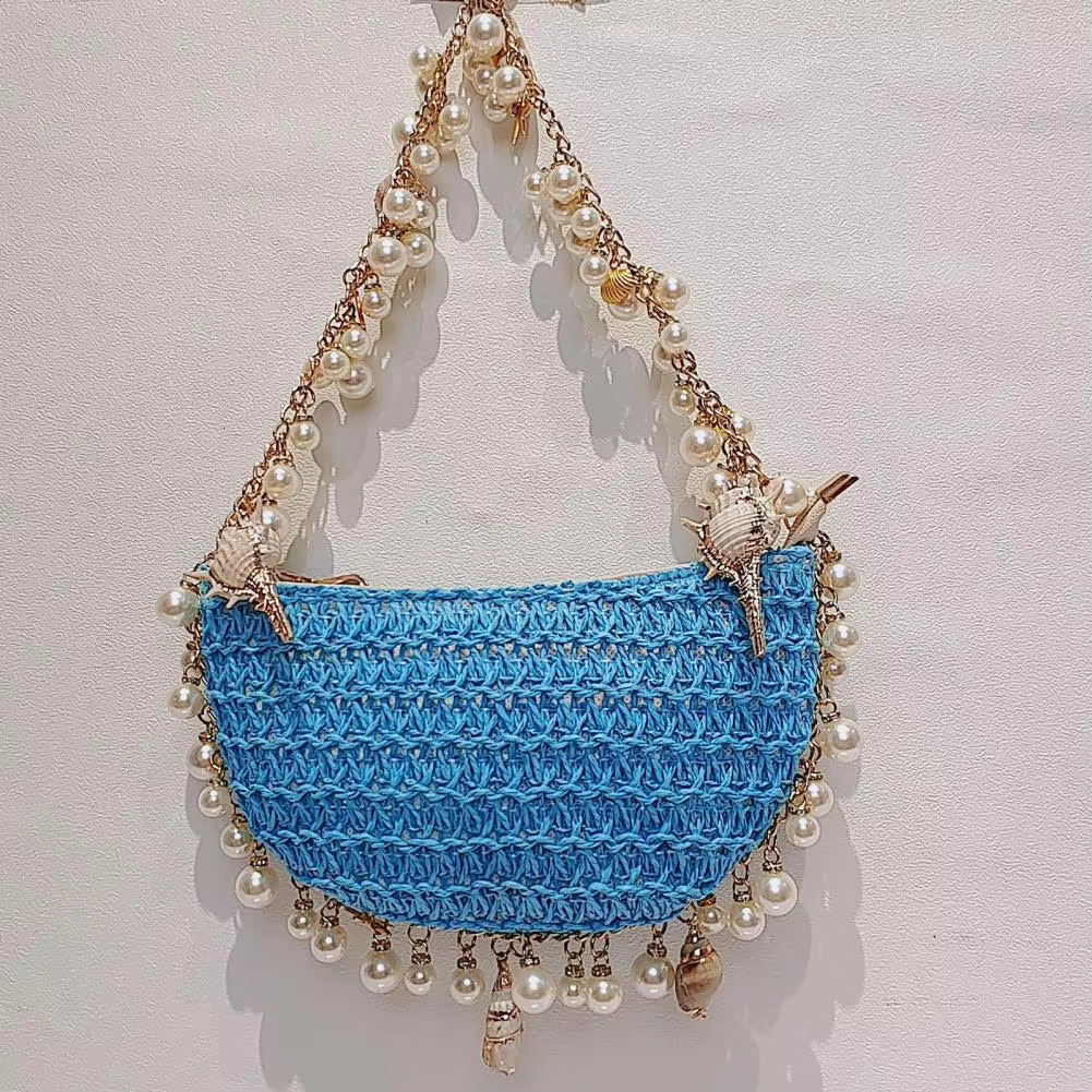 Small Purse Summer Straw Beach Elegant Faux Pearl Shell Fishstar Decor Handbag With Chain Straps Women's Shoulder Bag