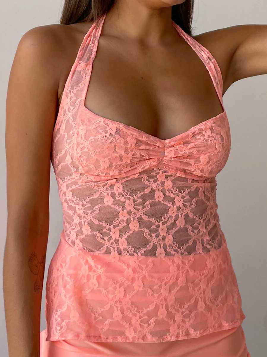 Womens Lace Tank Top Shirt Solid Chic Basic Flower Sheath Split Sexy Casual Slim Fit Summer Collar V Sveless Top Street WearXJ250212