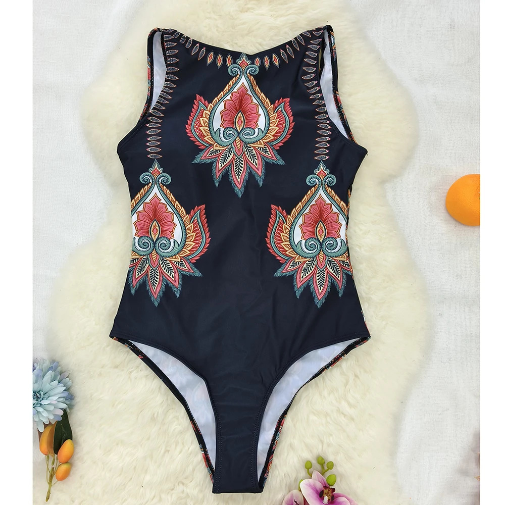 Printed One-piece Swimsuit Classic Printed Lace Up Swimsuit Womens Push Up Flower One-piece Suit Beach Wear For Female 250210