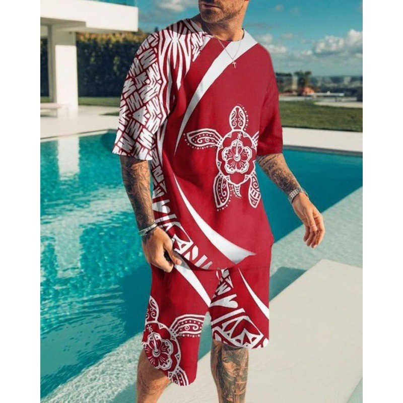 Mens Summer T-shirt Set 3D Printed Plant Tree Pattern Round Neck Beach Shorts Fashionable Men W250212