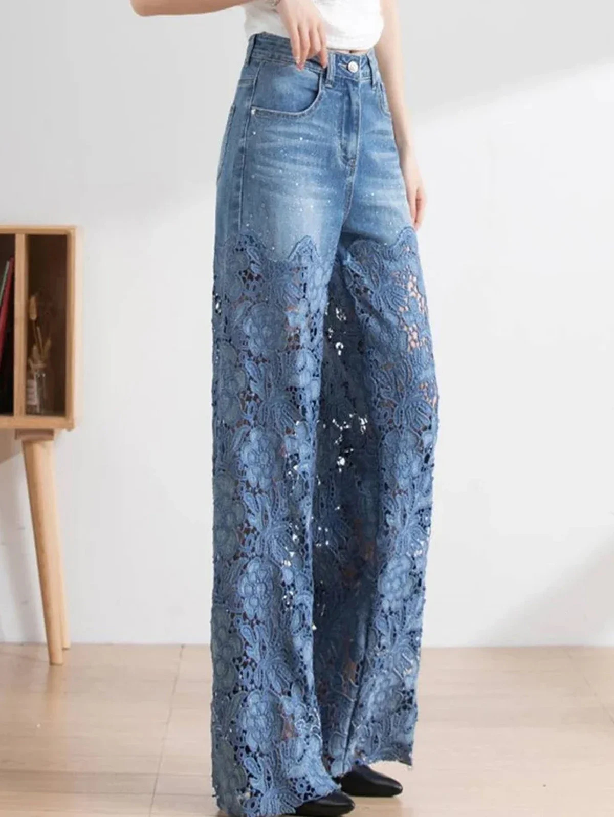 2025 Summer Fashionable High -Waisted WomenS Jeans Lace Rhinestone Patchwork Sexy Hollow Ladies Casual Loose Straight Jeans 250212