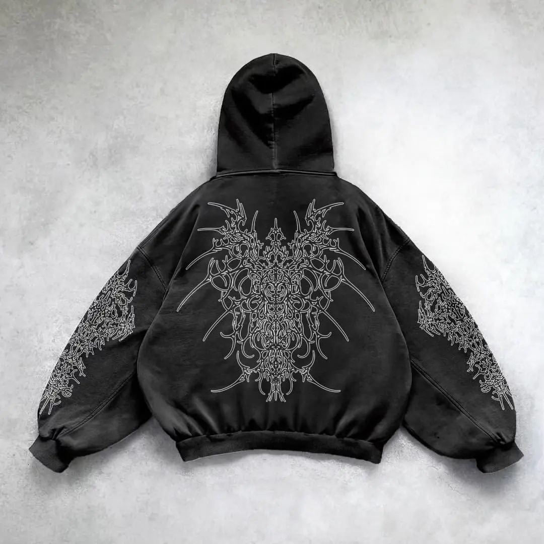 American Harajuku Y2K Gothic Dark Pattern Printed Laundry Hoodie Mens Loose Street Hip Hop Rap Trend Womens Sportswear 250210