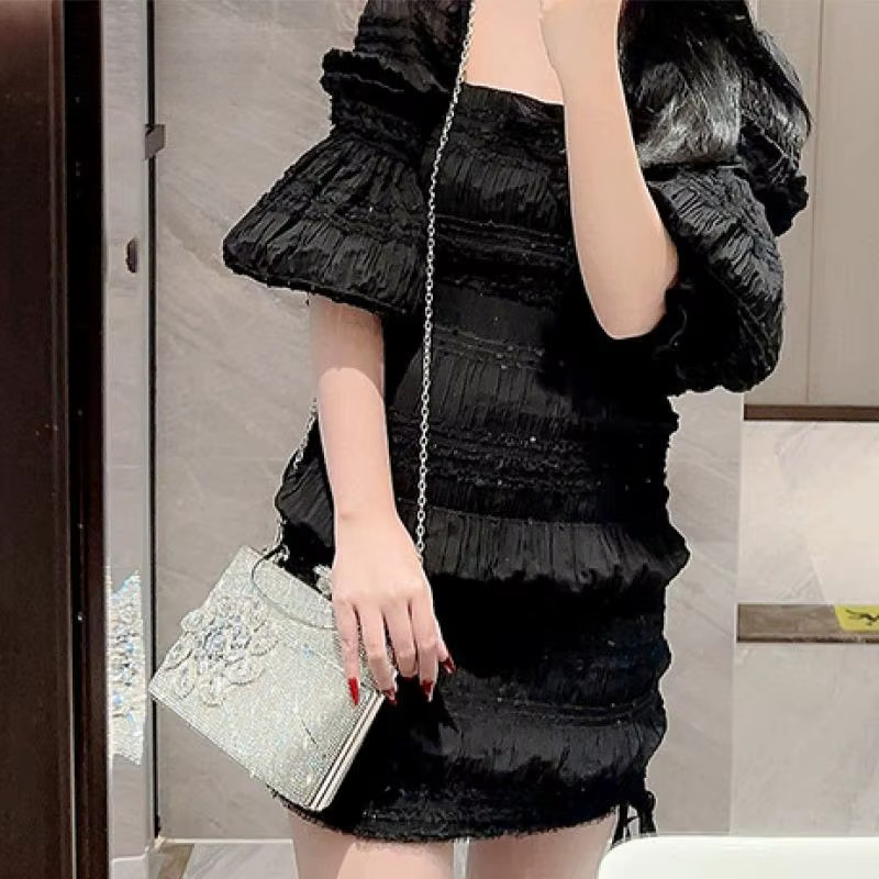 Fashion Rhie Ral Clutch Tote Bag Square Metal Top Handle Lady Wedding Bridal Messenger Purse Crossbody Shoulder Handbag