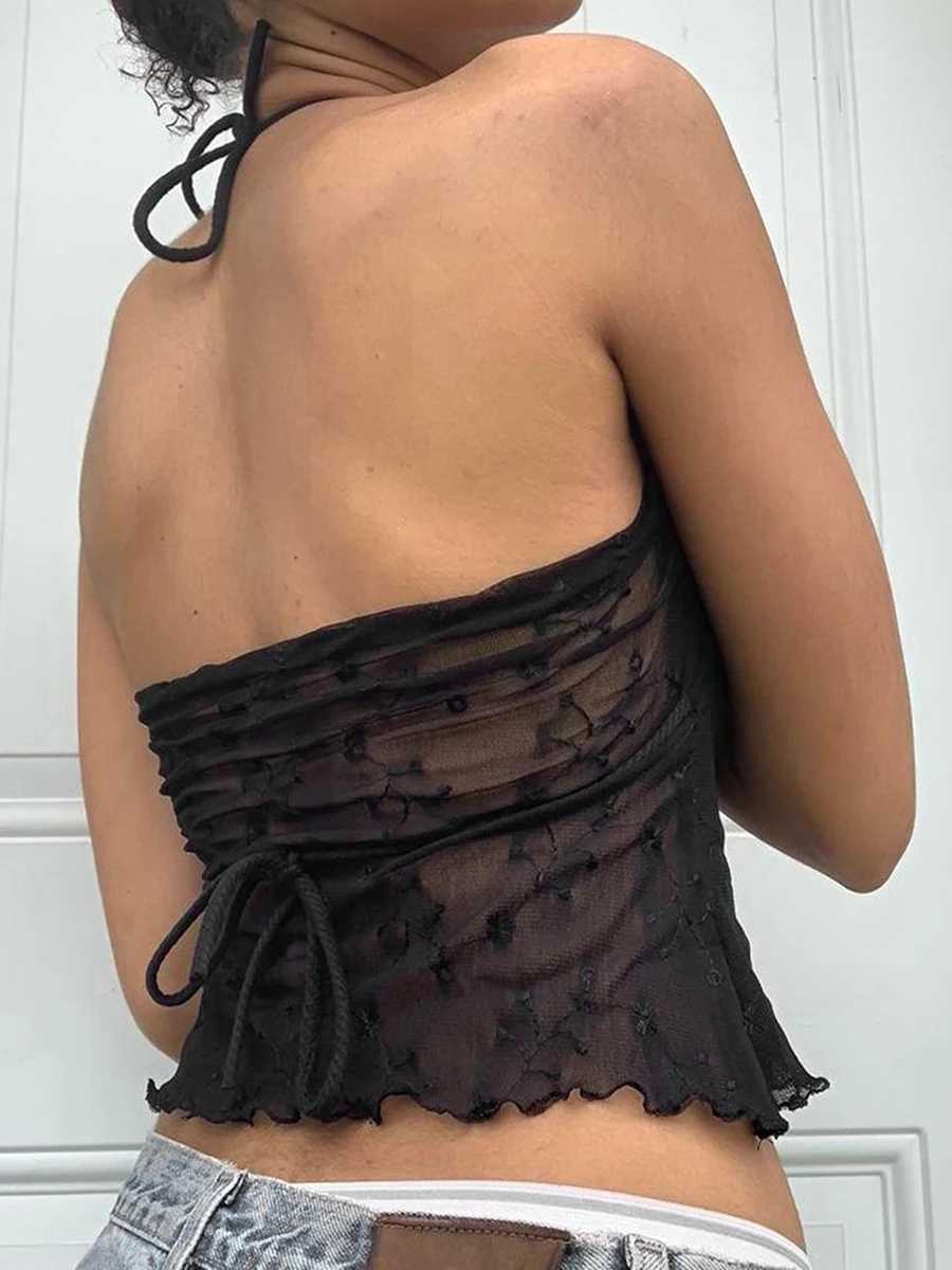 Y2K Women Halter Crop Top Sexy See-Through Lace Floral Patchwork Backless Top Summer Cami Tank Tops for Teen GirlsXJ250212
