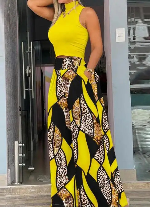Two Piece Set Women Outfit 2023 Summer Temperament Sleeveless Top Printed Fashion High Waist Wide Leg Pants Streetwear 250211Z