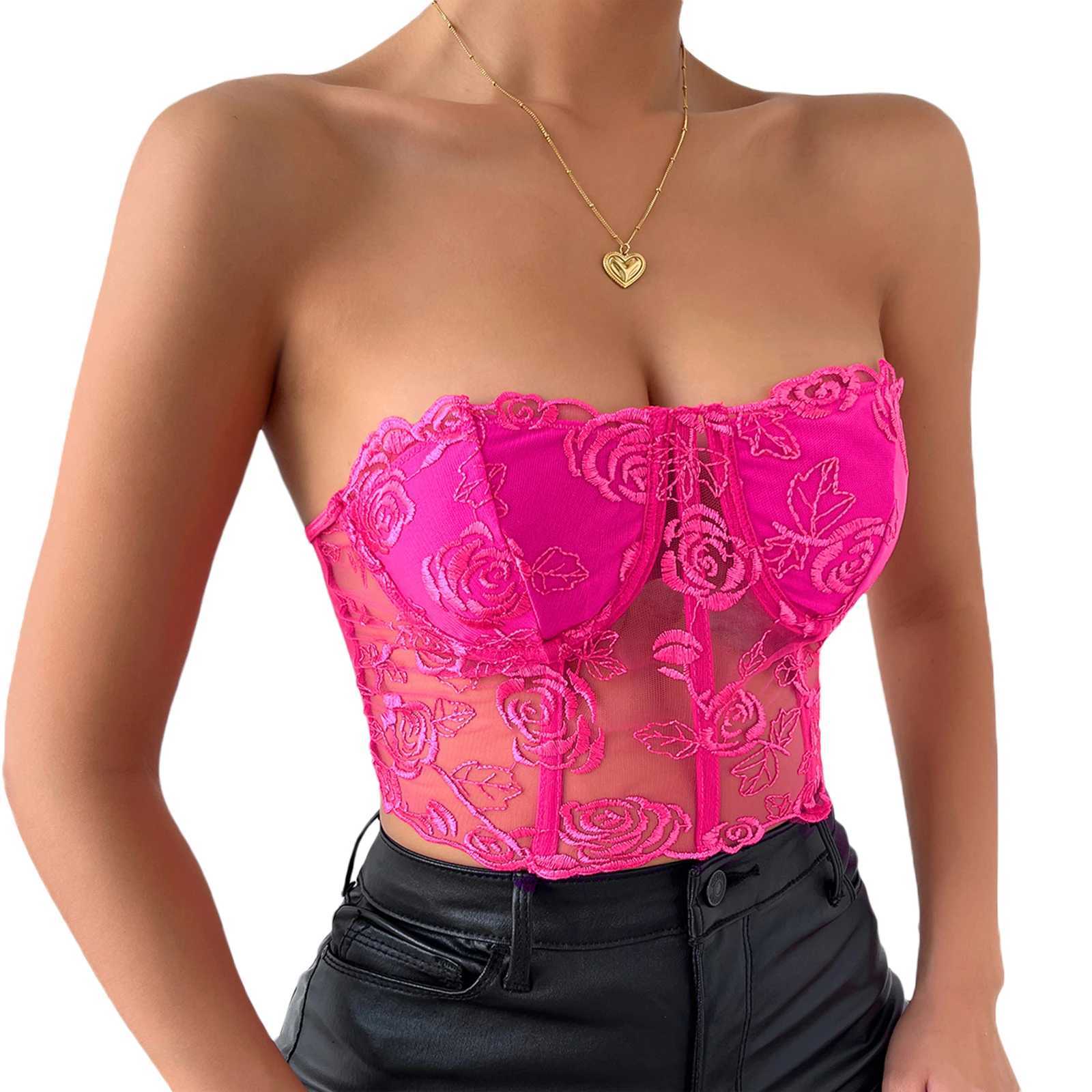 Newest Arrival Women Bustier Tube Tops Embroidery Flower See Through Off Shoulder Tank Tops for Daily Club PartyXJ250212