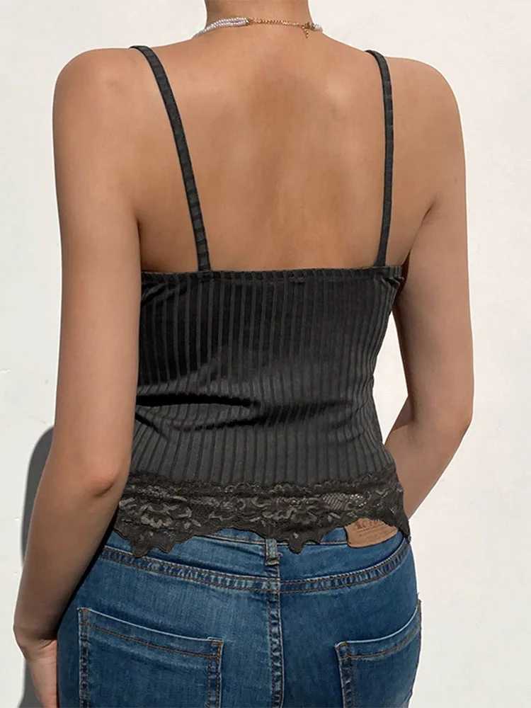 Gothic Basic Bodycon Women Camis Grunge Punk Black Casual Lace Trim Crop Tops Ribbed Backless Alt Clothes SummerXJ250212