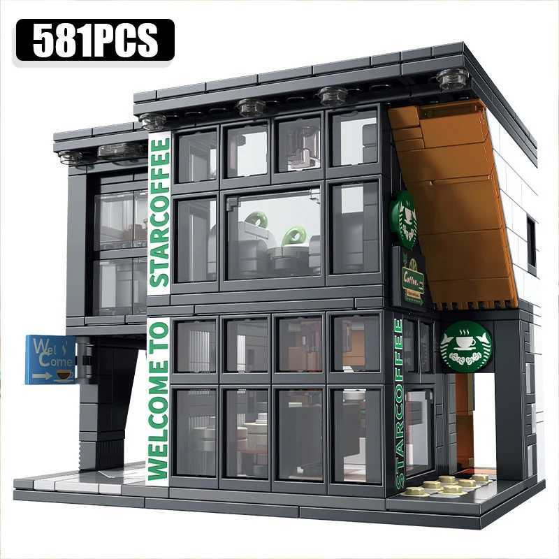 City 581Pcs Star Coffee House With Lights Building Blocks Street View Architecture Cafe Shop MOC Bricks Toys Kids Christmas GiftC250212