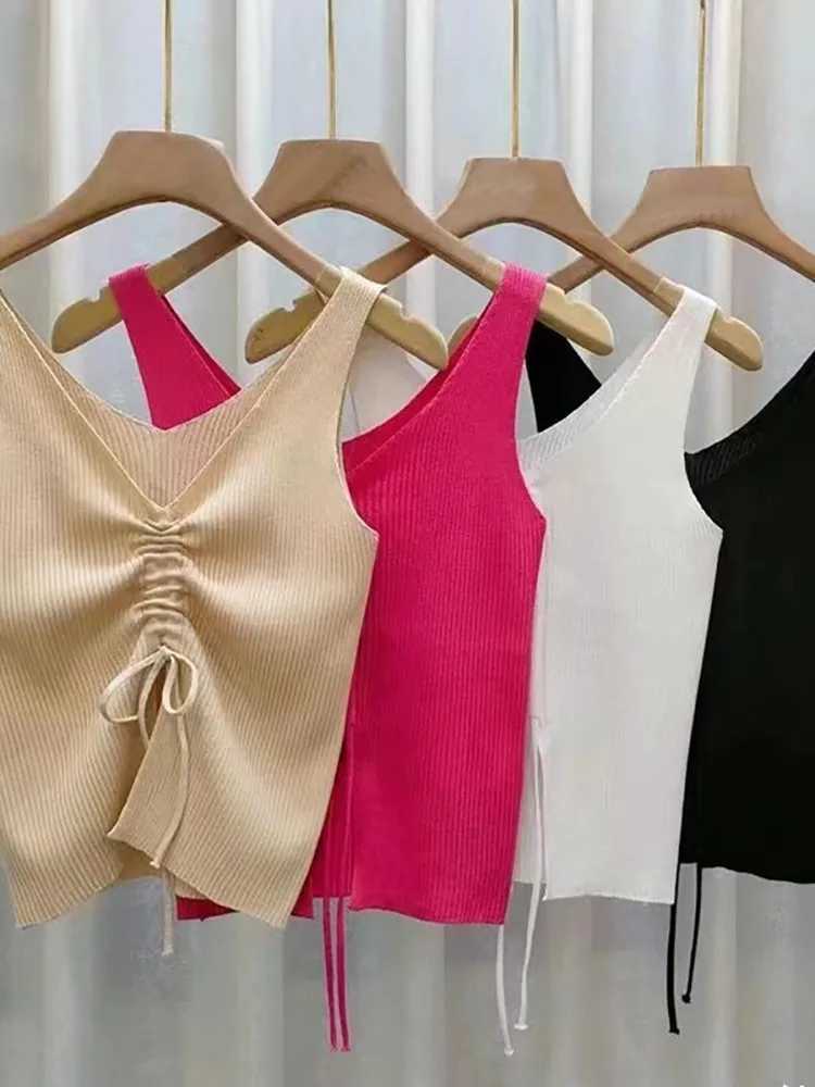 New Summer Women Drstring Front Ribbed Knit Tops Femme Sexy V Neck Sveless Crop Top Clothes High Stretch Split Cropped TankXJ250212