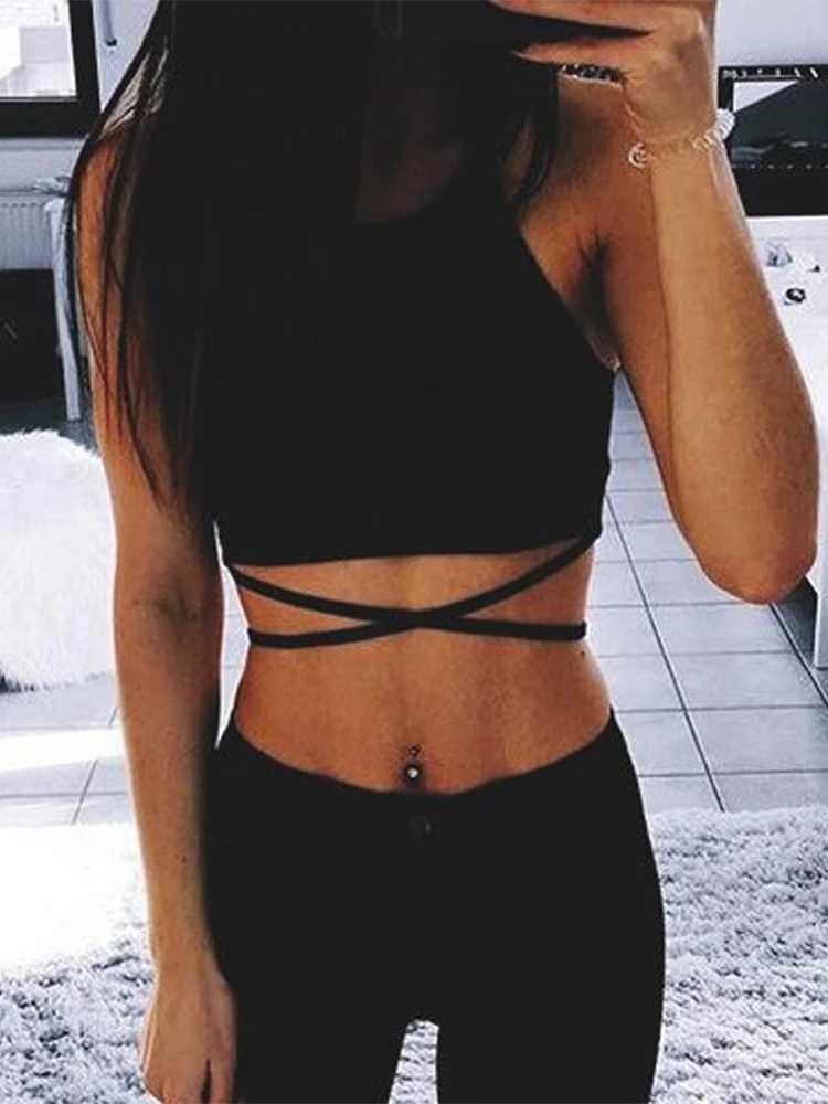 Summer Crop Tops Blusa Women Sveless Sexy Bandage T Shirt Top Fashion Black Lace Up Tank Top Tumblr LadiesXJ250212