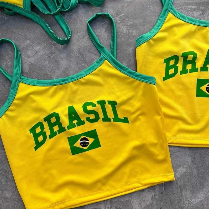 Brasil Yellow Fashion Womens Camis Tanks Summer Tops Sveless Letter Print Bustier Vest Crop Top Casual Cami Backless Y2k TeesXJ250212