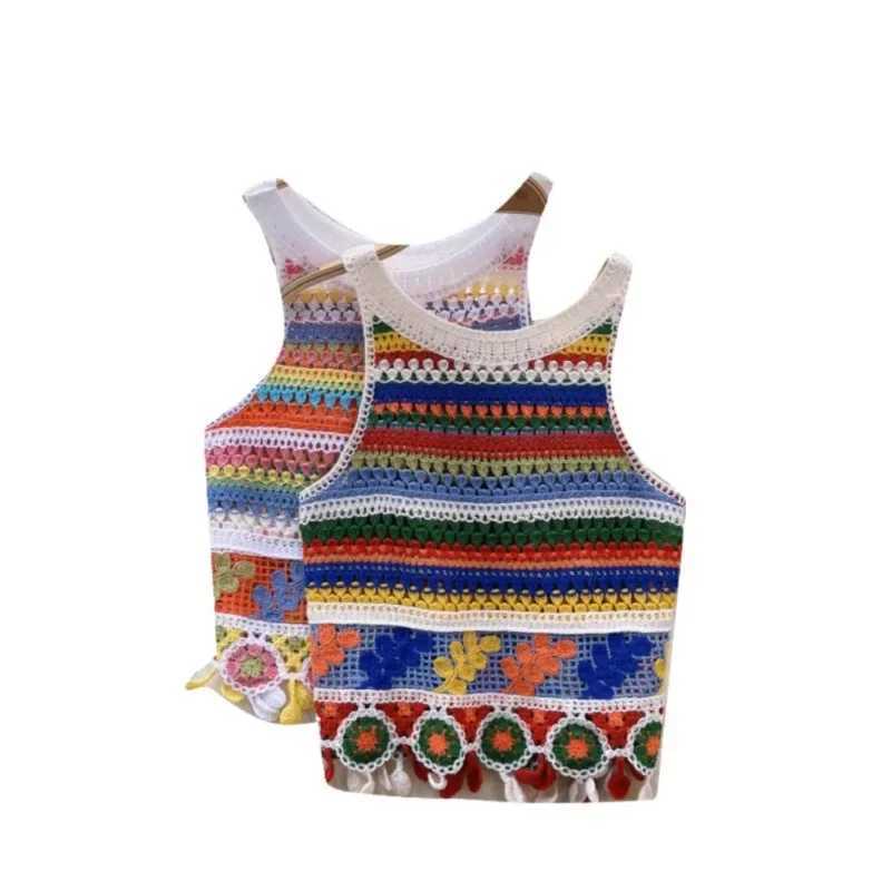 Bohemian Tank Tops Women Knitted Retro Crochet Design Colorful Short Vacation Strap Vest 2024 New Neck Hanging Outwear TanksXJ250212