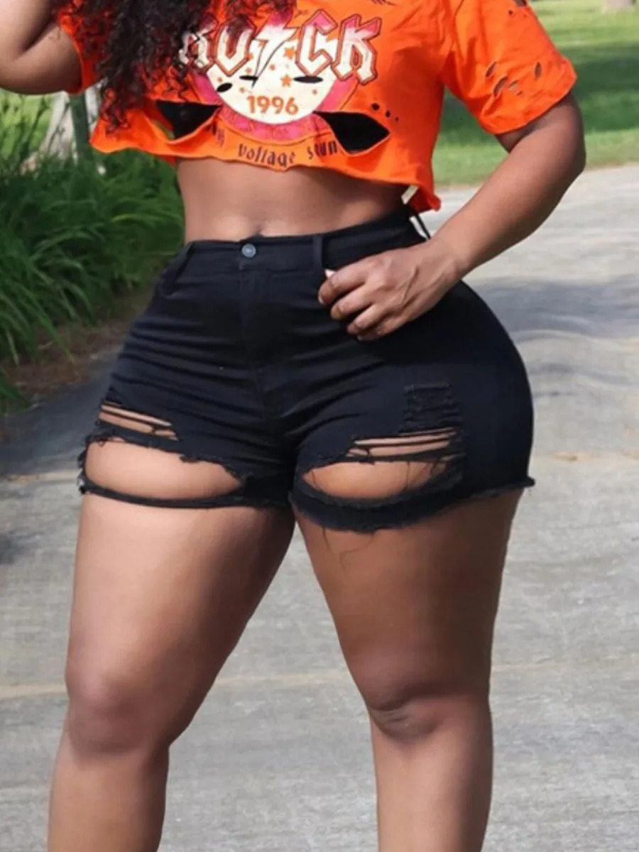 LW Plus Size Ripped High Stretchy Denim Shorts Summer Plus Size Pocket Tassel Hole Ripped jeans Short Female Femme Short Pants 250212