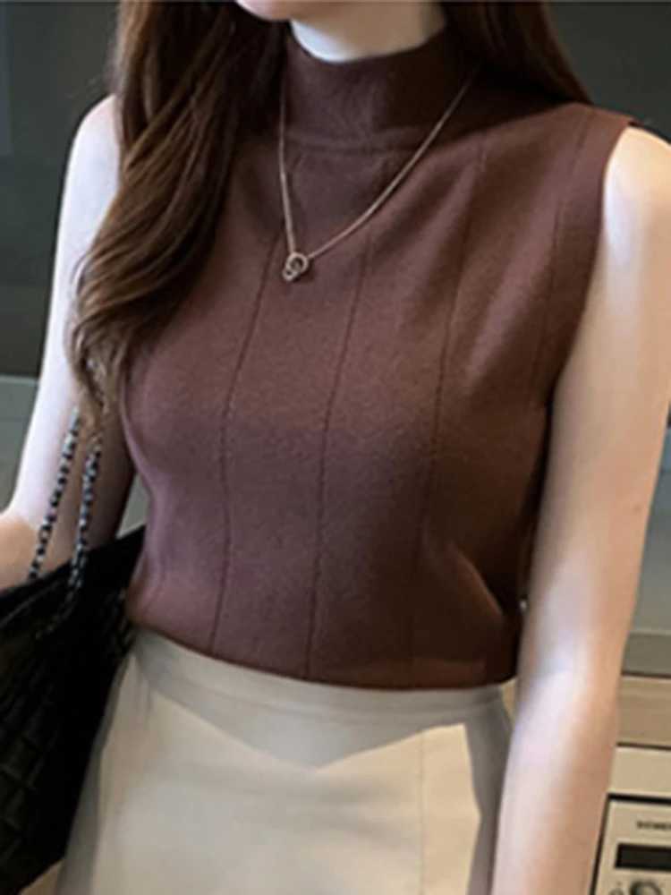 Knitted Summer Turtleneck Tank Tops Women Camisole Sveless Slim Top Fe Ribbed Vest Casual Solid CamisXJ250212