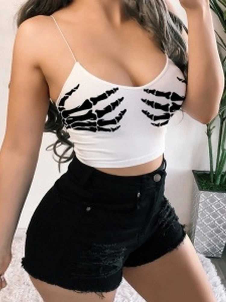 Gothic Skeleton Print Crop Top Summer Womens Sexy Elastic Camis Fe Strap Top Backless Vest Halloween Black TopXJ250212