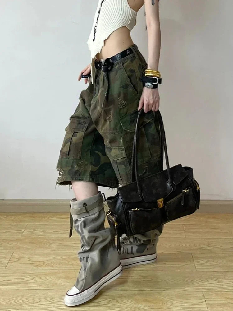 Women Short Jeans Green Camouflage American Vintage Y2K Straight Streetwear Wide Leg Pants High Waist Female Summer Denim Shorts 250212