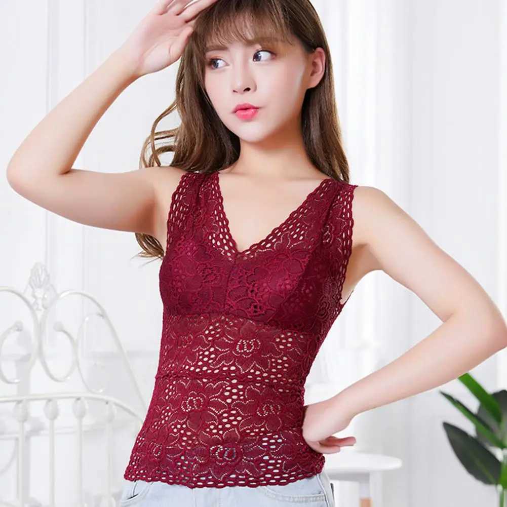 Tank Top V-neck Padded Vest Spaghetti Straps All-Match Sexy Lace Long Bra Crochet Vest Inside WearXJ250212