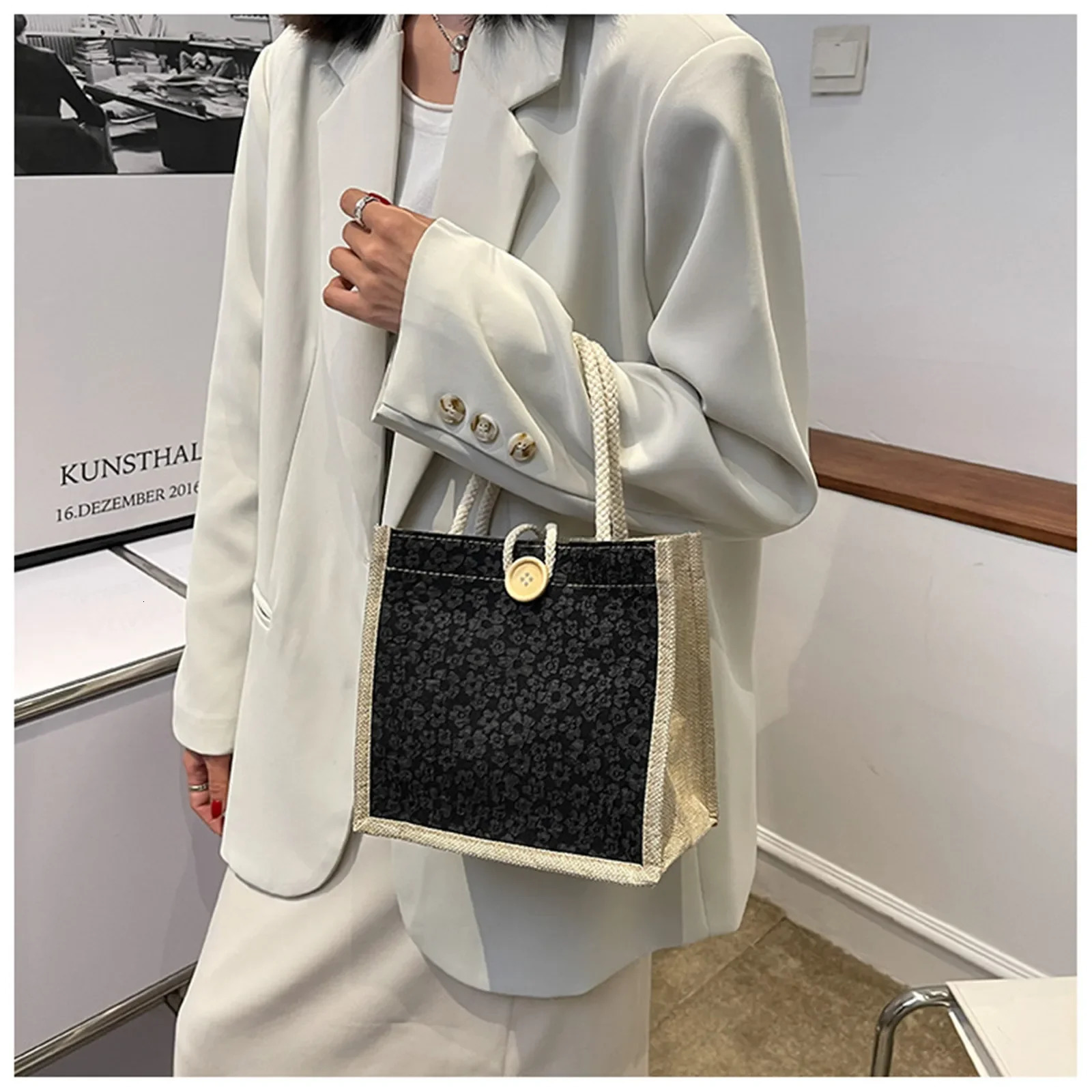 Linen Button Zipper Handbag Shopping Bags Gift Packing Bag Flower Pattern Large Grocery Bag Women Beach Tote Portable Lunch Bag 250207