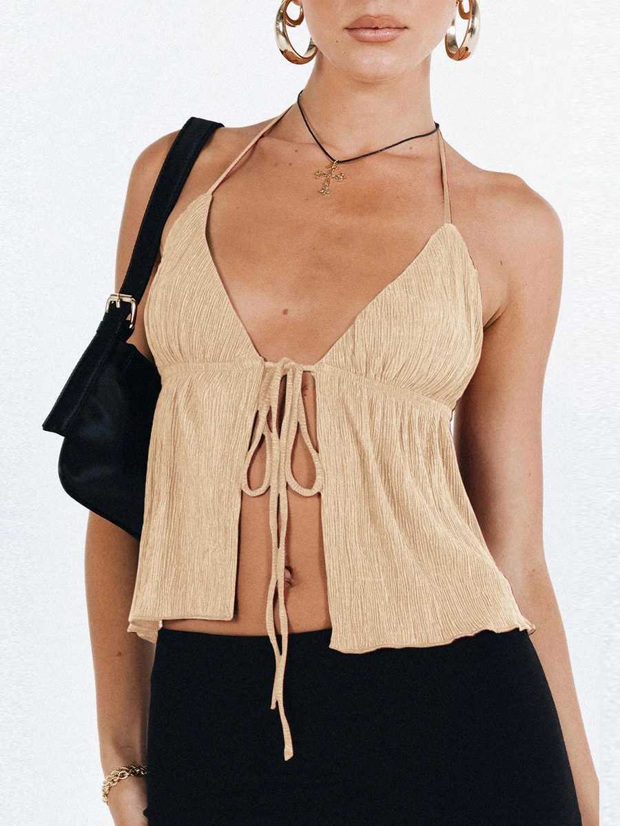 Women Y2k Front Tie Crop Tops Halter Neck Flowy Plisse Summer Going Out Top Sexy Split Sveless Cami Shirt StreetwearXJ250212