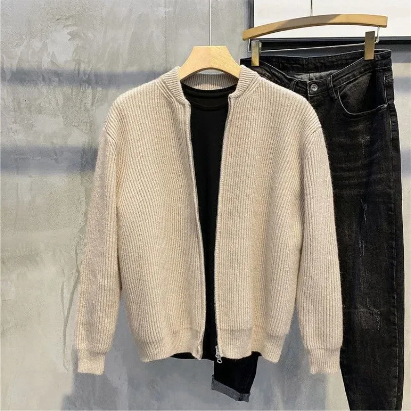 Knitted Sweaters for Men Black Man Clothes Plain Y2k Vintage Cardigan Solid Color Zip-up Zipper Collared Long Sleeve 100% Tops A 250211