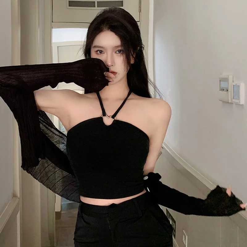 Y2K Slim Sexy Exposed Navel Crop Top Korean Women Tank Tops Solid Color Halter Sweet CamisoleXJ250212