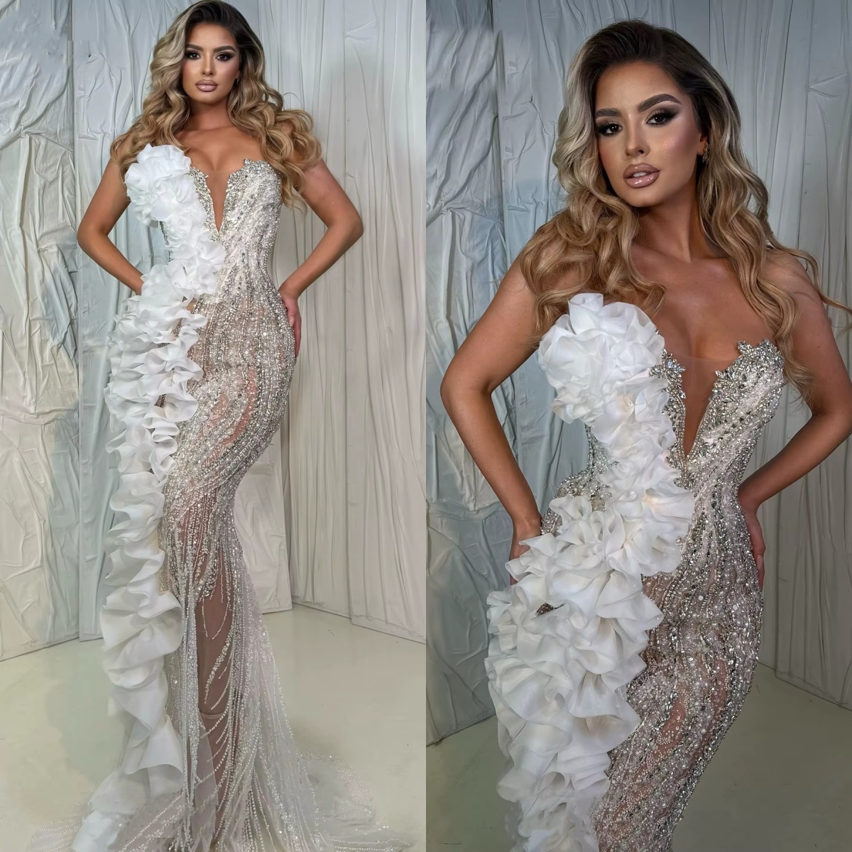 Exquisite Wedding Dresses Crystal Mermaid Bridal Gowns Beaded Pearls Strapless Customized Illusion Princess Sweep Train Bride Dress Vestidos De Novia