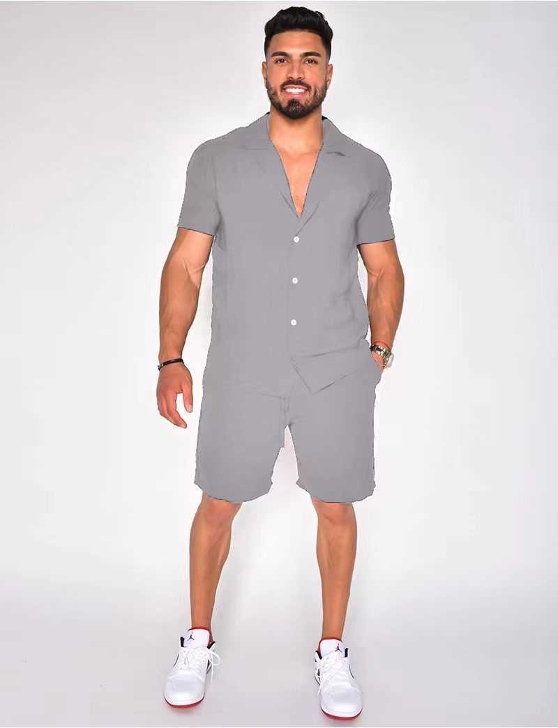 2023 Hawaiian Mens Summer Polo Collar Cotton Linen Solid Short Sleeve Shorts Set W250212
