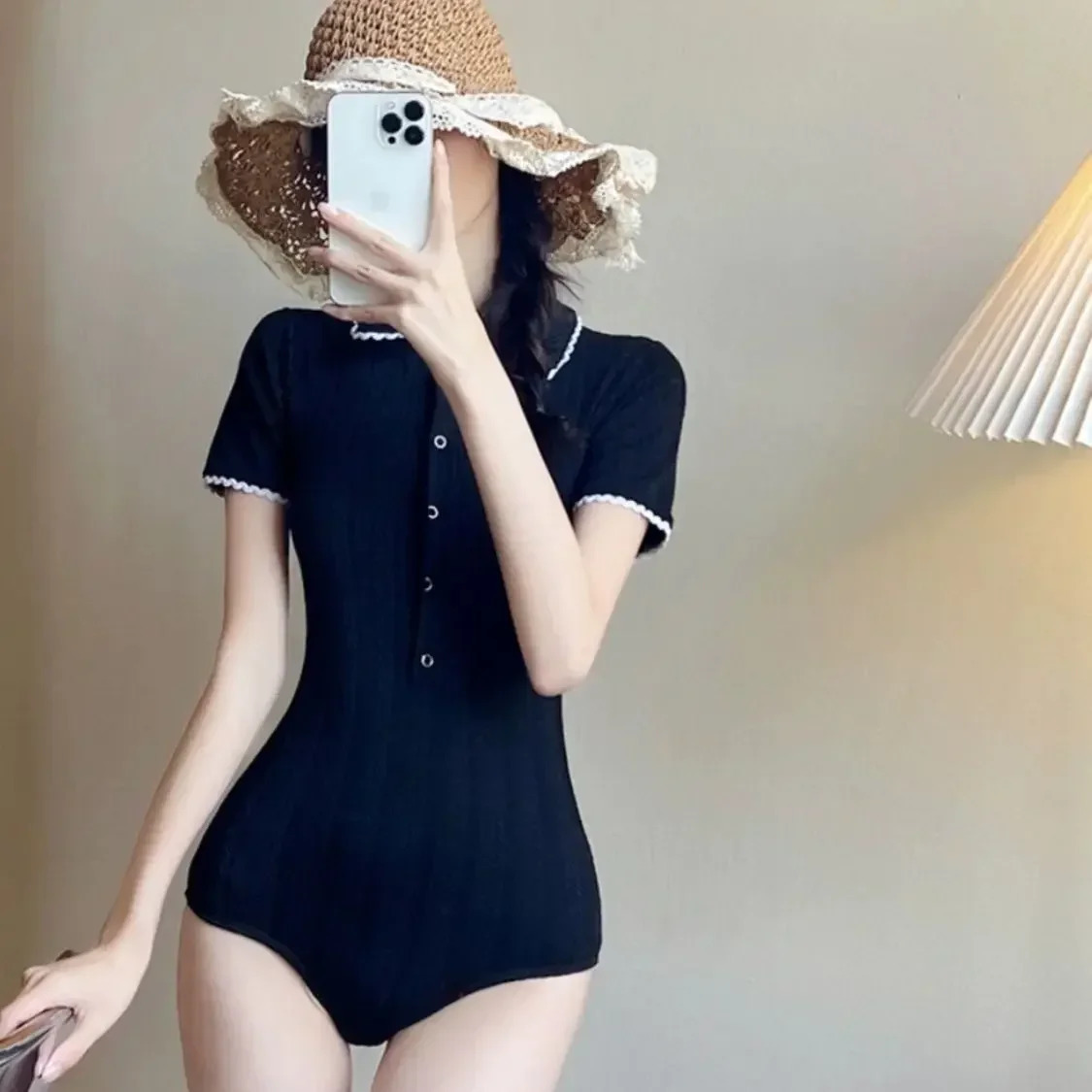 Womens One-piece Swimsuit Short Sleeve Polo Collar Slim Black Bathing Suit s Kawaii Swimwear Beach Vacation Swimming Suit 250210