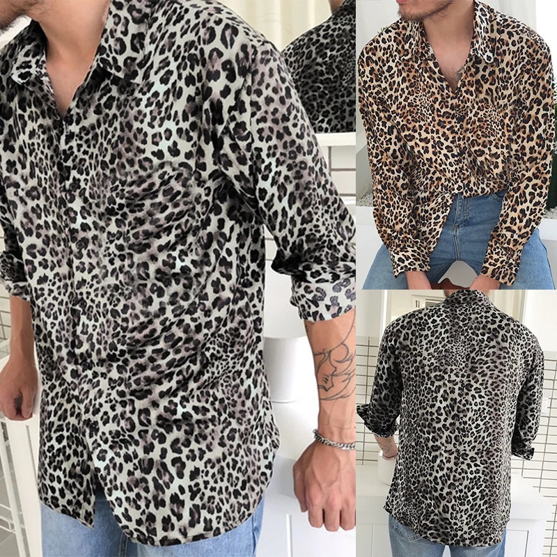 Mens Fashion Leopard Print Shirt High Quality Long Sleeve Shirt Social Man Casual Party Homme Shirt 250211