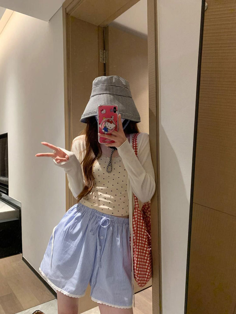 American Blue Striped Casual Shorts For Women's Summer Fashion High Waisted Drawstring Breathable Quick Drying Sweet And Spicy Sexy Sports Wide L