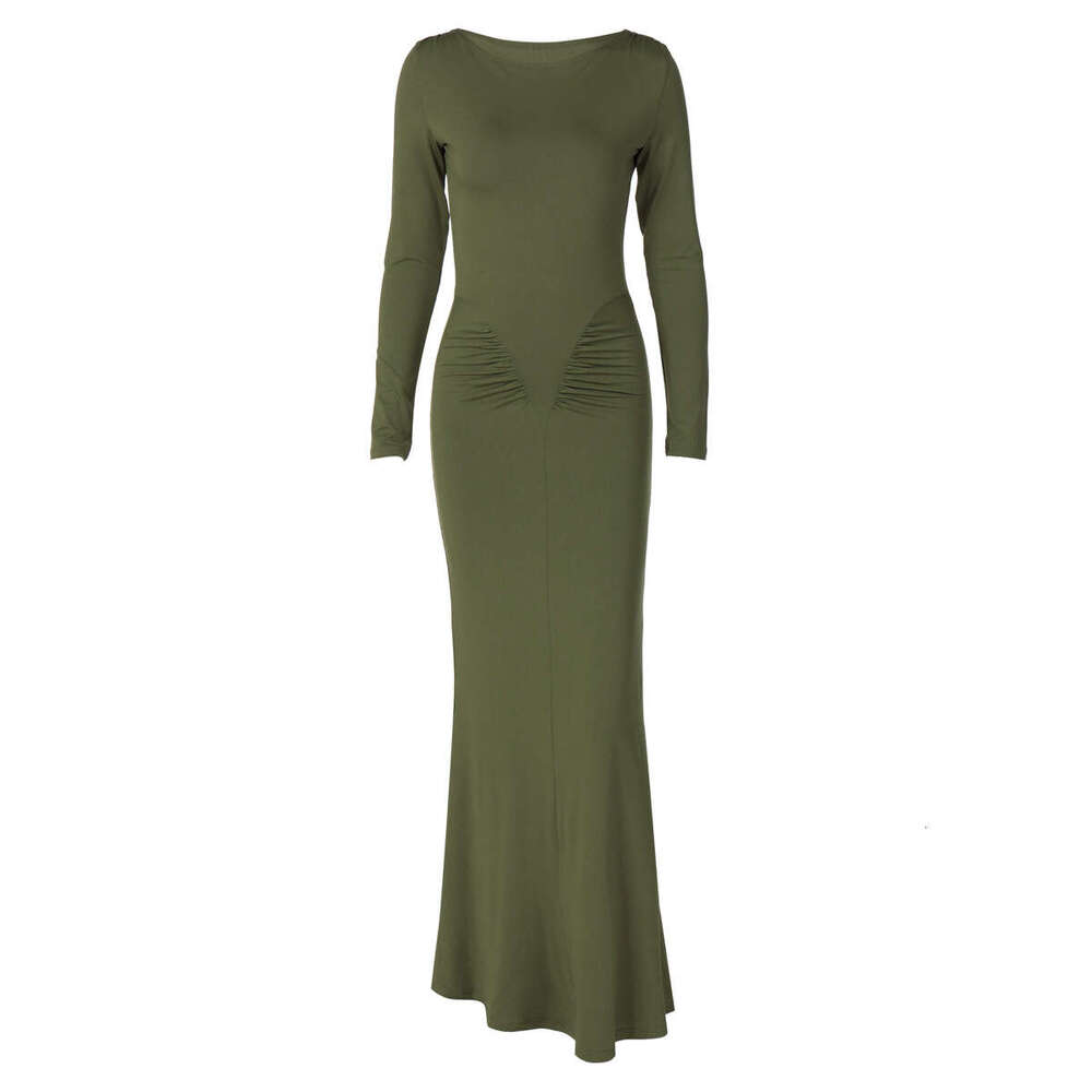 Hot selg women's in Europe America summer 2025, fashionable stylish products, slim fit pleated round neck long sleeved dresses, wholesale for wom