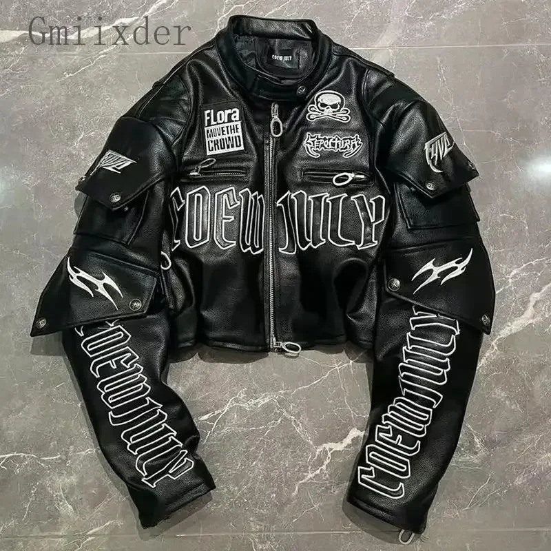 American Letter Embroidered Skull Motorcycle Style PU Leather Jacket Korean Version High Street Fashion Short Jacket Women 250208
