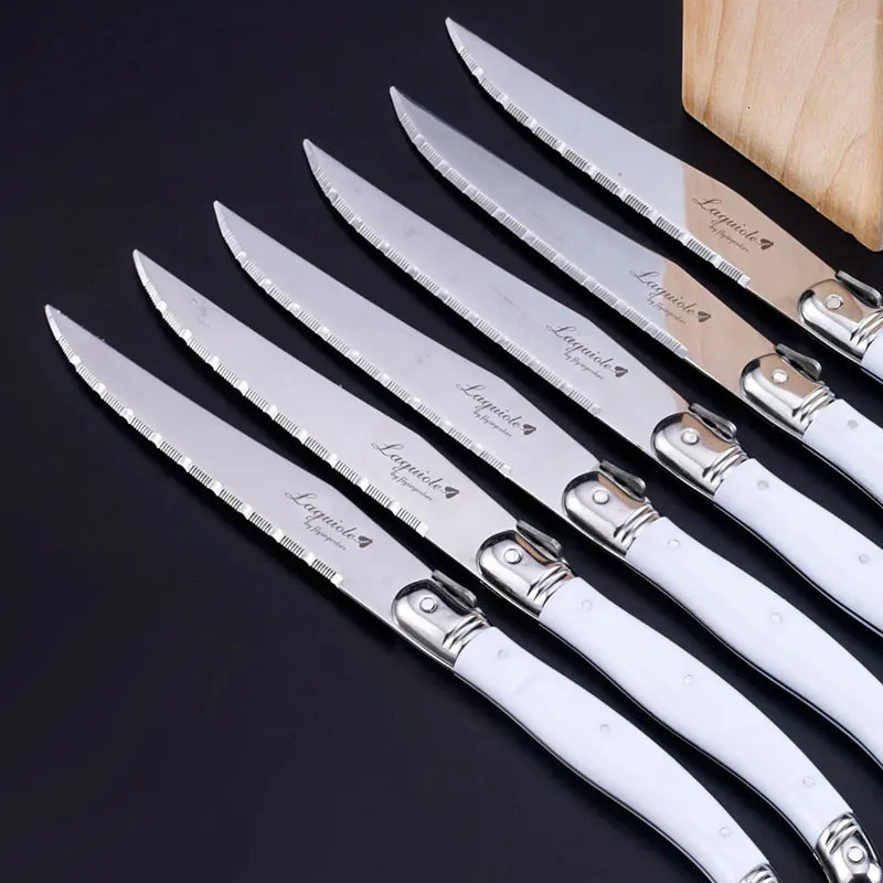 6pcs/7pcs Laguiole Stainless Steel Steak Knife Set Steak Knives With Wooden Holder Steel Dinner Knife Colorful Xmas Cutlery Set 250211