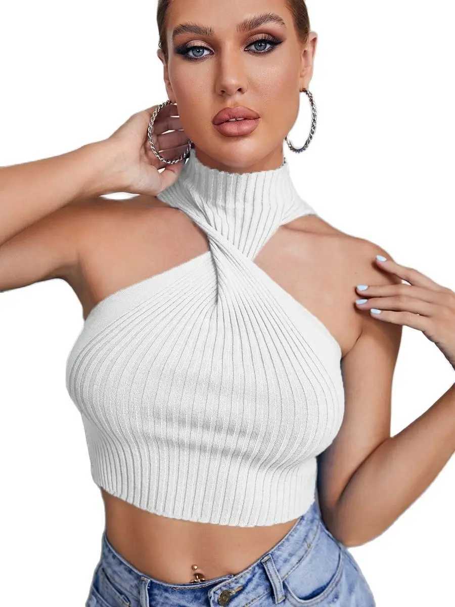 Summer Women Halter Neck Twist Front Knit Cute Crop Top Femme Casual Sveless Stretch Y2K Cropped Clothes Corset Tank ClothesXJ250212