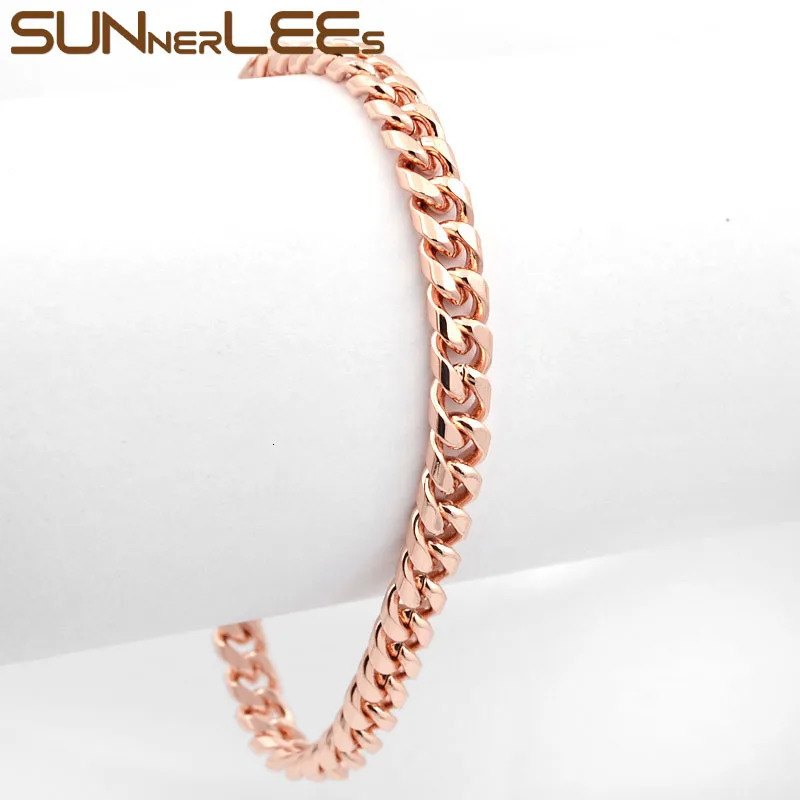 SUNNERLEES Fashion Jewelry Rose Gold Plated Bracelet 6mm Curved Cuban Chain Mens and Womens Gift C71 250211
