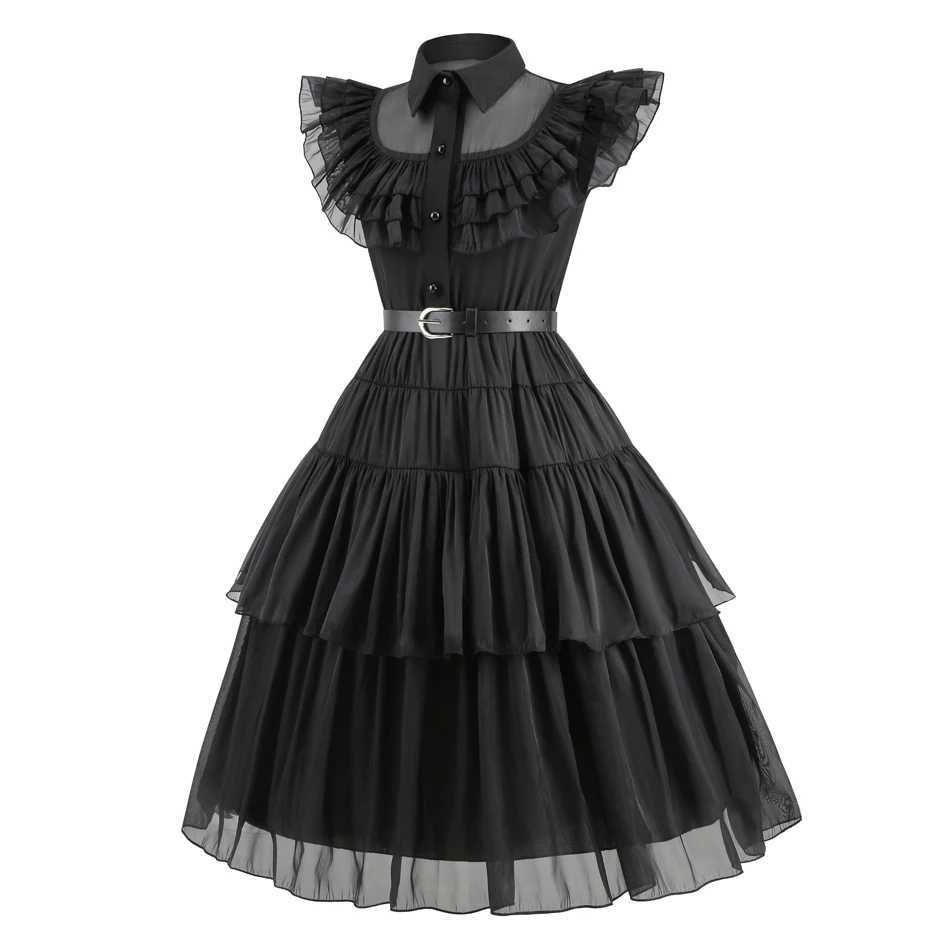 Girls Witch Cosplay Costume Kids Dark Theme Par Gown Halloween Gothic Girls Adams Black Dress Layered Tulle Princess ClothesXJ250117