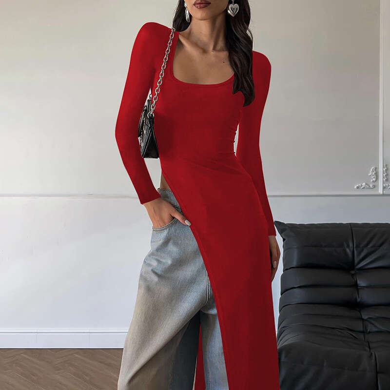 Hot selg women's autumn product fashion personality U-neck slim fit slit long sleeved dress wholesale 2025 new style temperament chic elegant clo