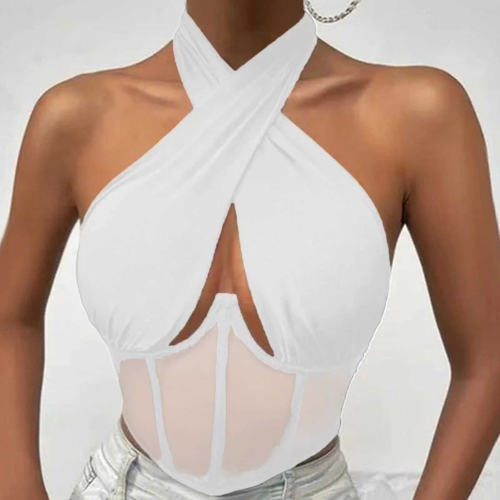 Sexy Cotton Stretch Tops For Women Cross Halter Sveless Blouses Fashion Sveless Hollow Out Top Irregular Neckline Tank TopXJ250212