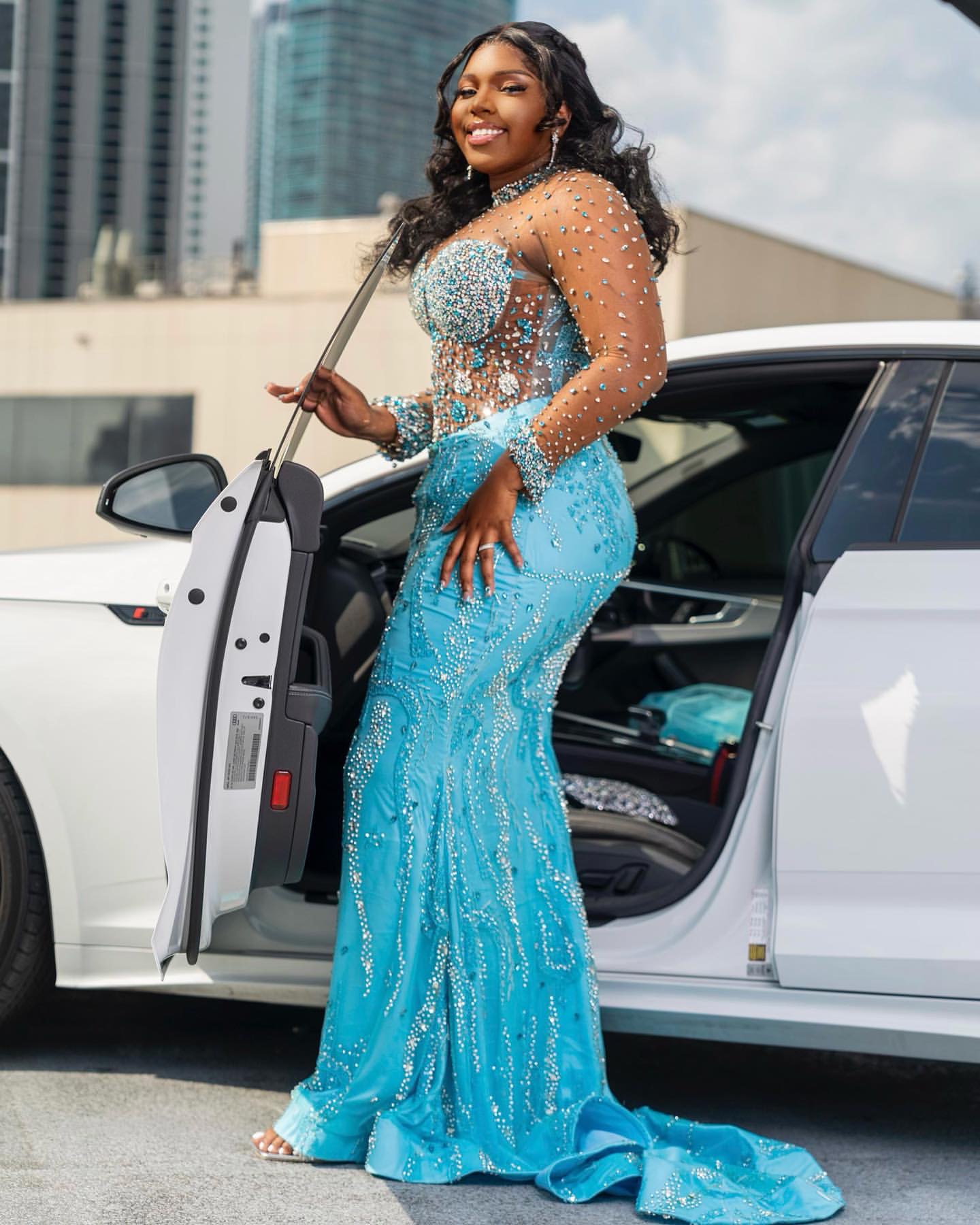 Aso Ebi 2025 Sky Blue Mermaid Prom Dresses Crystals Beaded Sequined Lace Luxurious Evening Formal Party Second Reception Birthday Gowns Dress For Spec