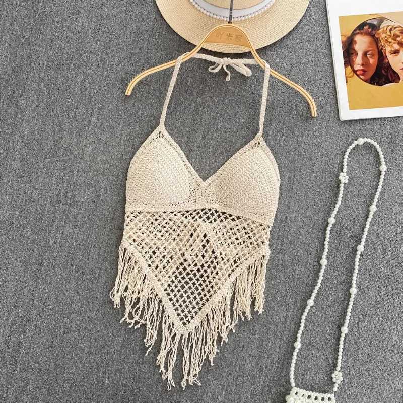 Knitted Tassels Hollow Out Tanks Camis for Women Bohemia Style Hault Sveless Sexy Femme Corset Crop Tops Beach Tank CamisolesXJ250212